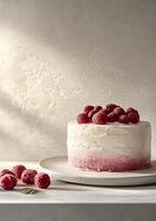 A beautiful raspberry cheesecake with fresh berries on a sunlit table in a cozy setting photo