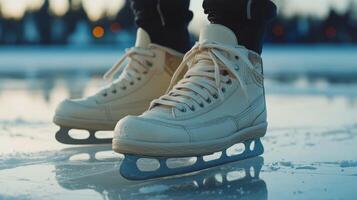 Skater lacing up classic white ice skates on a frozen outdoor rink at sunset photo