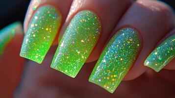 Bright luminous green glitter nails showcased against a dark background in a beauty setting photo