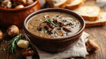 Creamy mushroom soup served with crusty bread and garnished with fresh herbs on a wooden table photo