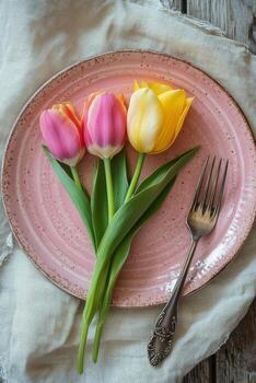 vistoso tulipanes arreglado en un rosado plato con un Clásico tenedor junto a ellos durante primavera foto