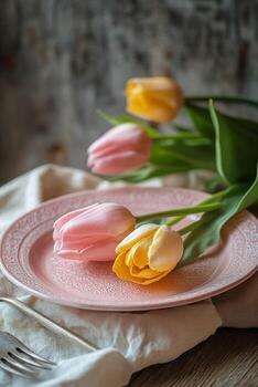 vistoso tulipanes arreglado en un rosado plato con un Clásico tenedor junto a ellos durante primavera foto