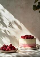A beautiful raspberry cheesecake with fresh berries on a sunlit table in a cozy setting photo