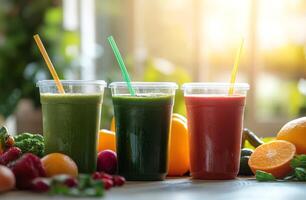 Refreshing smoothies made from fresh fruits and vegetables in a bright kitchen setting photo