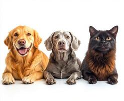 A joyful golden retriever, a calm gray lab, and a curious black cat pose together indoors photo
