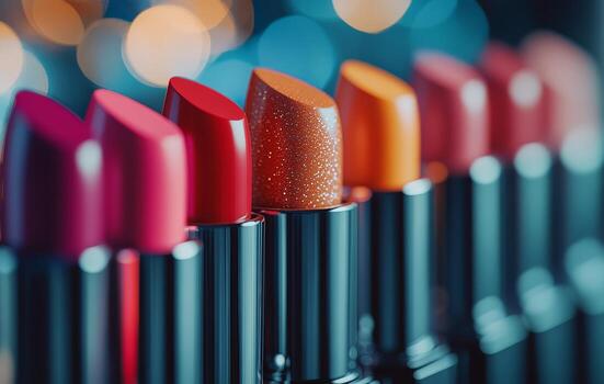 A vibrant display of various lipstick shades arranged neatly on a cosmetic counter photo