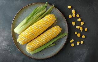 Freshly harvested corn cobs arranged on a dark plate with scattered kernels and green leaves photo