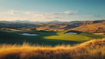 A serene golf course at sunset, showcasing lush greens and sandy bunkers in a tranquil setting photo