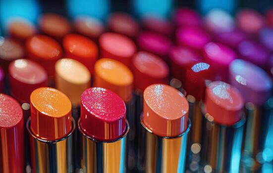 A vibrant display of various lipstick shades arranged neatly on a cosmetic counter photo