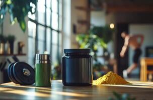 Fitness supplements arranged on a wooden table with a person exercising in the background photo