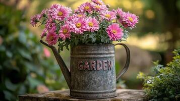A vintage watering can filled with vibrant pink daisies in a rustic garden setting photo