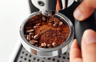 Brewing a fresh espresso shot with coffee grounds and beans in a modern coffee machine photo