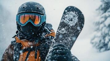 Snowboarder in winter gear enjoys a snowy day on the mountain with fresh powder falling photo