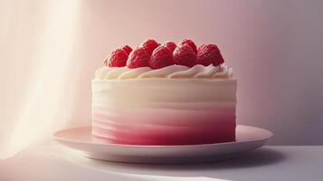 Delicious three layer raspberry mousse cake topped with fresh berries on a white background photo