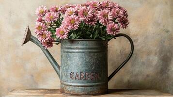 A vintage watering can filled with vibrant pink daisies in a rustic garden setting photo