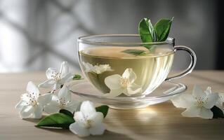 Fresh jasmine tea brewing with delicate flowers and green leaves arranged artistically photo