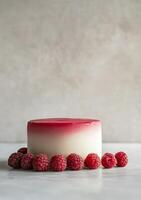 A beautiful raspberry cheesecake with fresh berries on a sunlit table in a cozy setting photo