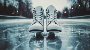 Skater lacing up classic white ice skates on a frozen outdoor rink at sunset photo