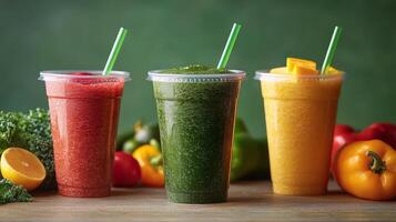 Refreshing smoothies in colorful cups surrounded by fresh fruits and vegetables on a green backdrop photo