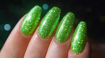 Bright luminous green glitter nails showcased against a dark background in a beauty setting photo