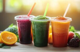 Refreshing smoothies made from fresh fruits and vegetables in a bright kitchen setting photo