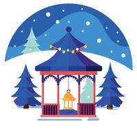 Snow-covered gazebo adorned with twinkling lights and a glimpse of Santa's sleigh. vector