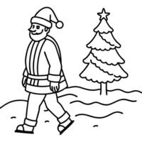 Man dressed as santa claus walking on beach with christmas tree. vector