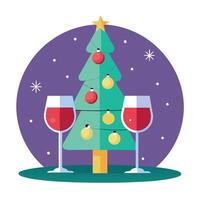 Two glasses of wine on table in front of Christmas tree and lights vector