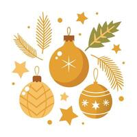 Golden christmas items. fir branches on a white blackground vector