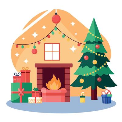 New year cozy home interior with christmas tree and garlands