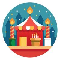 Christmas street fair with bright lights and festive atmosphere. vertical format. Burning candles vector