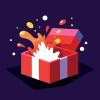 Open red gift box with light and splash effect on dark background. vector