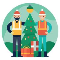 Two construction workers are standing on christmas decoration construction vector