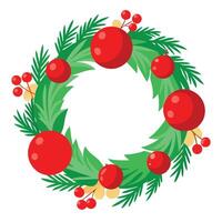 Christmas wreath with pines and red christmas balls and berries vector