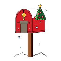 Classic traditional red mailbox adorned with christmas decoration and snow in a snowy village vector