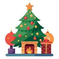 Classic Christmas tree adorned with ornaments and lights. set against a warm fireplace. vector