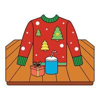Flat lay of colorful National Ugly Christmas Sweater Day decorations on a wooden table vector
