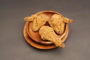 Fried Chicken breast hot crispy strips crunchy chicken tenders three pieces isolated on black background. Crispy fried chicken is a food made from fried chicken placed on a plate. photo