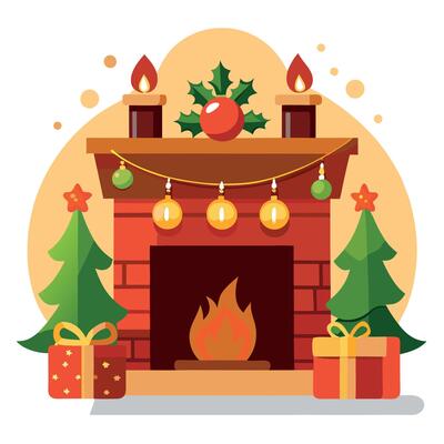 Fireplace with christmas decorations and candles in a rustic and cozy living room.