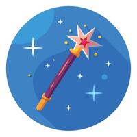 Christmas Magic wand with sparkle on blue background. Miracle magical stick Wizard tool on hot blue. vector
