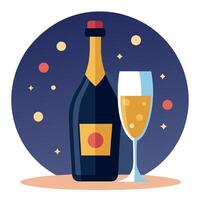 Dark festive glass of champagne and bottle on bokeh background vector
