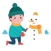 On a cold winter day. a little boy is playing in the snow. building a snowman vector