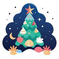 Abstract Seashell and Starfish Christmas Tree on the Beach at Night vector