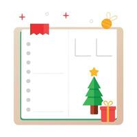 White blank flat lay empty mock up of open planner with christmas tree and decorations vector