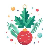 Merry christmas and new year plain background plant and balls arrangement plain background vector