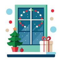 Christmas window with presents and tree vector