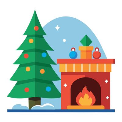 A christmas scene with a fire place and a christmas tree. image.