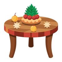 A wooden table topped with christmas decorations and pine cones on top of it. vector