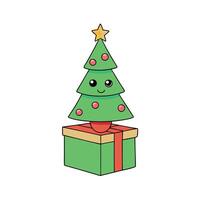 A small christmas tree sitting on top of a gift box. a small christmas tree on a present box. vector