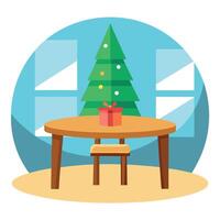 Wood dining table with copy space and christmas tree in the background vector